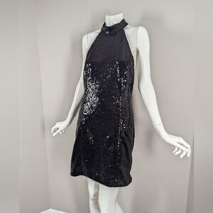 Dynamite Black Sequin Halter Mini Dress Sparkle Party Size Med